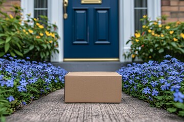 Online shopping delivery concept with cardboard package at front door, symbolizing convenience.