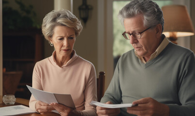 Mature Couple Man and Woman Worried Reading Letter - obrazy, fototapety, plakaty