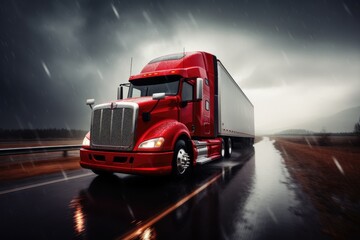 Red Semi Truck on Rainy Road, Red big rig commercial semi truck transporting cargo in dry van semi trailer running on the wet turning road, AI Generated
