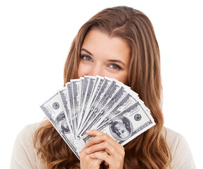 Portrait, dollars and studio woman with money, credit or bills for financial freedom, savings budget or salary income. Finance success, competition prize and face of cash winner on white background