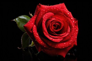 An exquisite red rose stands adorned with sparkling water droplets, adding an enchanting allure, red rose isolated on the Black background, AI Generated