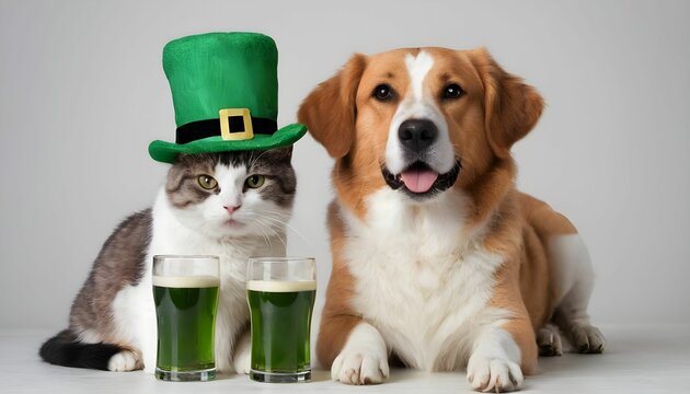 cute cat and dog celebrating St. Patrick's Day created with generative ai