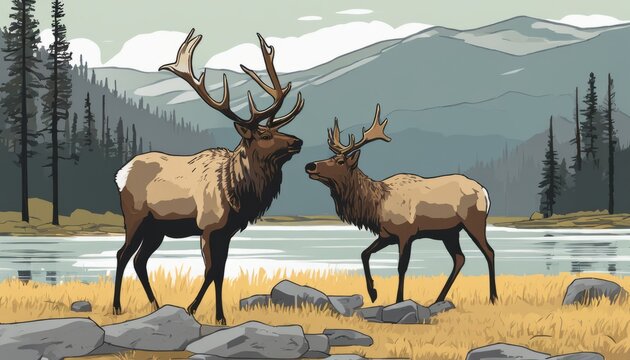 Two elks standing near a lake