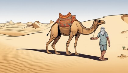 A man walking a camel in the desert