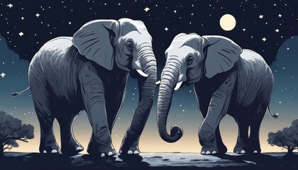 Three elephants standing together at night