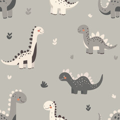 Seamless pattern with cheerful cartoon dinosaurs in pastel colors