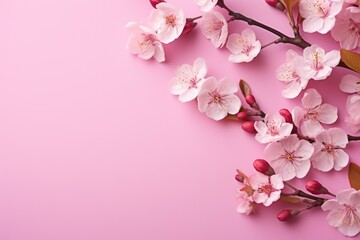 Fototapeta na wymiar Cherry blossom flowers on pink background Banner with flowers on light pink background. Greeting card template for Weddings, mothers or Women's day. Ai generated