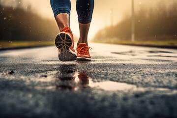 A person braving the rain while jogging on a wet road, taking advantage of the wet weather for an invigorating workout, Runner feet running on road, AI Generated - obrazy, fototapety, plakaty