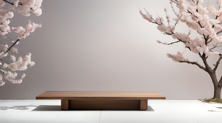 wooden table mockup copy space with cherry blossom