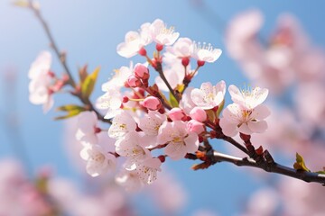 Obraz premium Cherry blossom flowers on bokeh background Banner with flowers on light pink background. Greeting card template for Weddings, mothers or Women's day. Ai generated