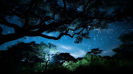 A night scene of moonlit flowering trees.
