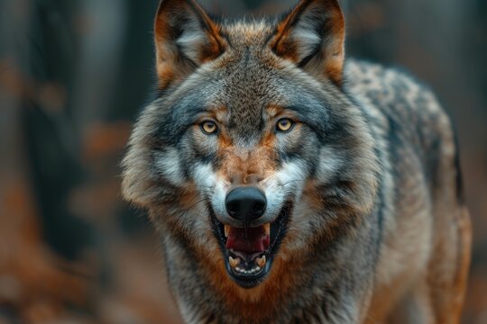 A close-up of a wolf's jaws gaping in its face. Generative Ai.