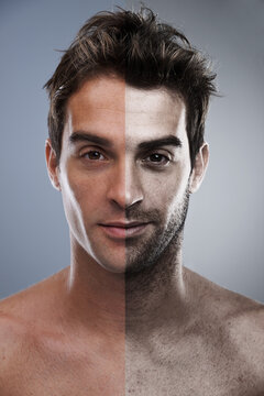 Man, shave and face or beard comparison for hair removal or improvement in studio for wellness, half or grey background. Male person, portrait and confident for cleaning, transformation or mockup