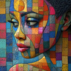 female head with symbol in the background, in the style of colorful patchwork, human-canvas integration, textured canvas, relief sculpture, exotic tapestries, mende art, felt creations