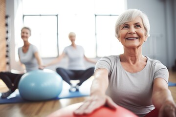 A diverse group of individuals engaged in a yoga session at a fitness center, senior women doing pilates with soft ball lying on back in gym, AI Generated