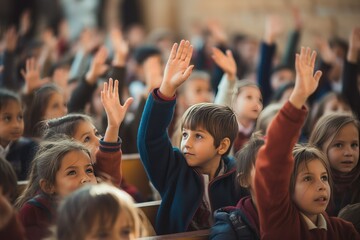 Fototapeta premium Colorful classroom filled with students raise their hands to answer in the classroom. Back To School concept. Ai generated