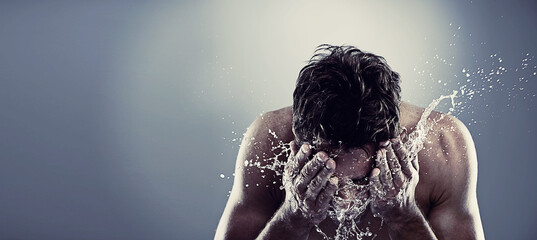 Man, water and splash face in studio for healthy cleaning or skincare hygiene, treatment or grey...