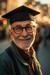 Elderly senior older retiree man on sunny street wearing glasses and mortarboard graduate hat smiling at camera celebrating mature person graduation success