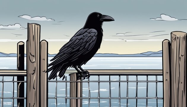 A black bird perched on a fence