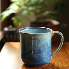 Blue ceramic coffee mug sitting on top of a wooden table.
