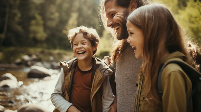A family laughing and happy hiking next to a creek