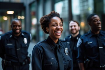 A united group of police officers standing shoulder to shoulder, ready to serve and protect, Smiling black female police officer talking to her colleagues, AI Generated - obrazy, fototapety, plakaty
