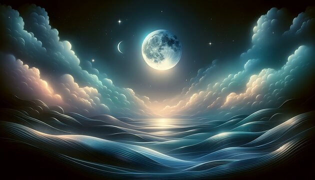 Gradient color background image with a mystical moonlit ocean theme