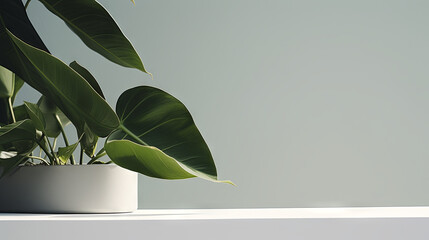 Minimal white podium with green leaves natural background for cosmetic products display, Empty natural platform