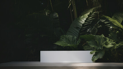 Minimal white podium with green leaves natural background for cosmetic products display, Empty natural platform