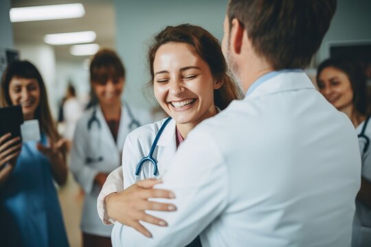A heartwarming image of a woman dressed in a white coat embracing a man dressed in a white coat, smiling female doctor standing with medical colleagues in a hospital, AI Generated