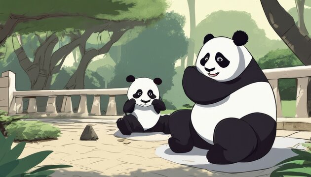 A cartoon image of two panda bears sitting on a stone wall