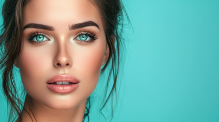 Fototapeta premium Portrait of a beautiful woman with amazing blue eyes and perfect skin and light makeup on a soft blue background with copy space. Background for design.