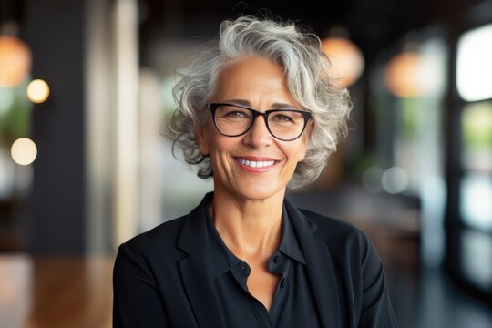 A woman wearing glasses and a black shirt, standing against a plain background, Smiling mature middle aged professional business woman banking loan manager, AI Generated