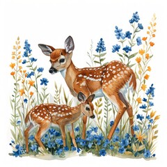 Whimsical Watercolor Fawn Learning to Leap from Mother in Bluebell Field Generative AI