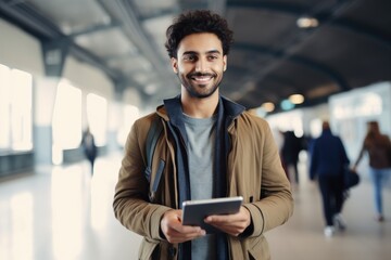 Fototapeta premium A man stands in an airport holding a tablet, attending to his business needs, Smiling Young Middle Eastern Man With Digital Tablet In Hands Posing At Airport Terminal, AI Generated