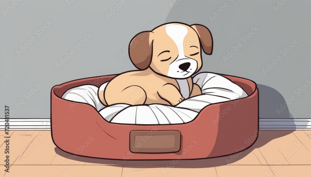 Sticker A brown and white puppy sleeping in a red bed