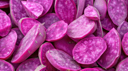 Obraz na płótnie Canvas Sliced purple sweet potatoes for background, top view.