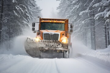 An iconic winter scene featuring a truck confidently traversing a snow-covered road, Snow plow truck clearing road after winter snowstorm or blizzard, AI Generated