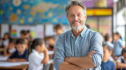 Fototapeta premium Smiling male teacher in classroom with elementary school students learning in the background