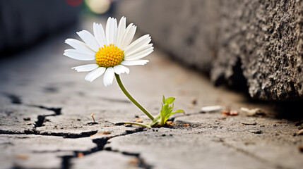 a white daisy with a yellow center, growing out of a crack in a concrete surface.
