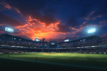 A picturesque baseball stadium with a stunning sunset creating a magical ambiance, Stadium of...