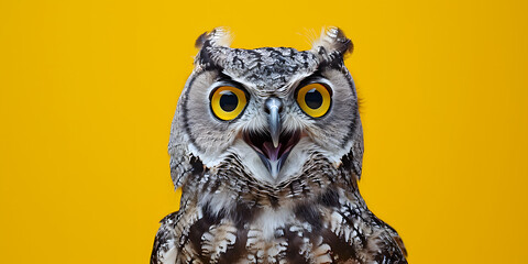 a shocked owl looking at the camera on orange background