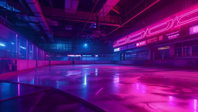 The hockey rink is transformed into a neon wonderland with pulsing red and purple hues.