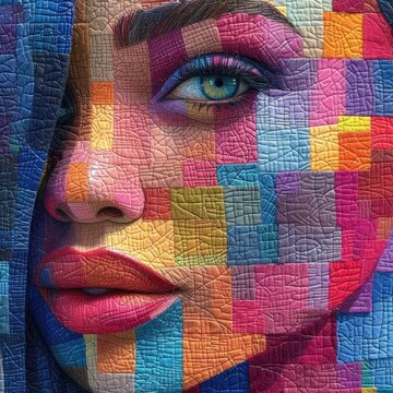 modern feminist symbol portrait by jennifer evans, in the style of psychedelic patchwork, high detailed, human-canvas integration, felt creations, textured canvas, color-light, symbolic 