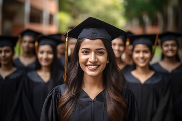 A woman in a graduation cap and gown smiles while holding her diploma, Successful Indian female student with group of college students, AI Generated