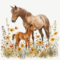 Whimsical Watercolor Foal Learning to Whinny from Mother in Flower-Filled Meadow Generative AI