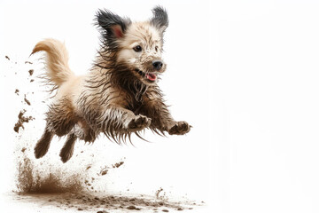 dirty cheerful dog jumping isolated on solid white background. ai generative