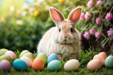 Fototapeta na wymiar Cute Easter fluffy bunny rabbit sitting green grass surrounded by colorful easter eggs on green garden. ai generative