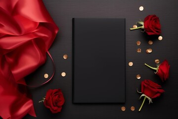 Mockup blank black greeting card with red rose flower on dark wood background. Valentine's day-wedding. presentation. advertisement. copy text space.	 - obrazy, fototapety, plakaty