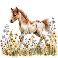 Obraz na płótnie Canvas Whimsical Watercolor Foal Trotting through Wildflowers Generative AI